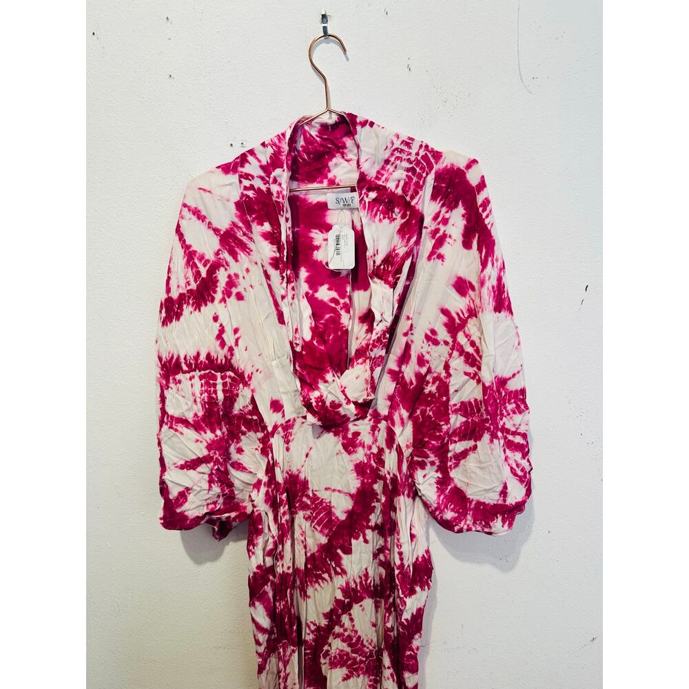 S/W/F Magenta Pink Tie-Dye V-Neck Plunge Kimono Front Pockets Dress size Large - Picture 5 of 16